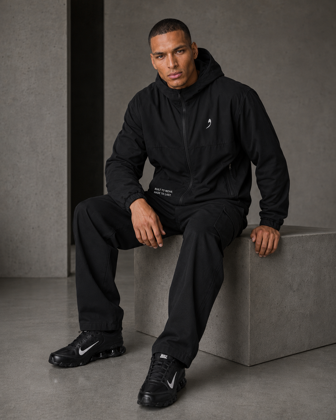 OQOVO Performance Lifestyle Jacket — seated, hem tagline detail