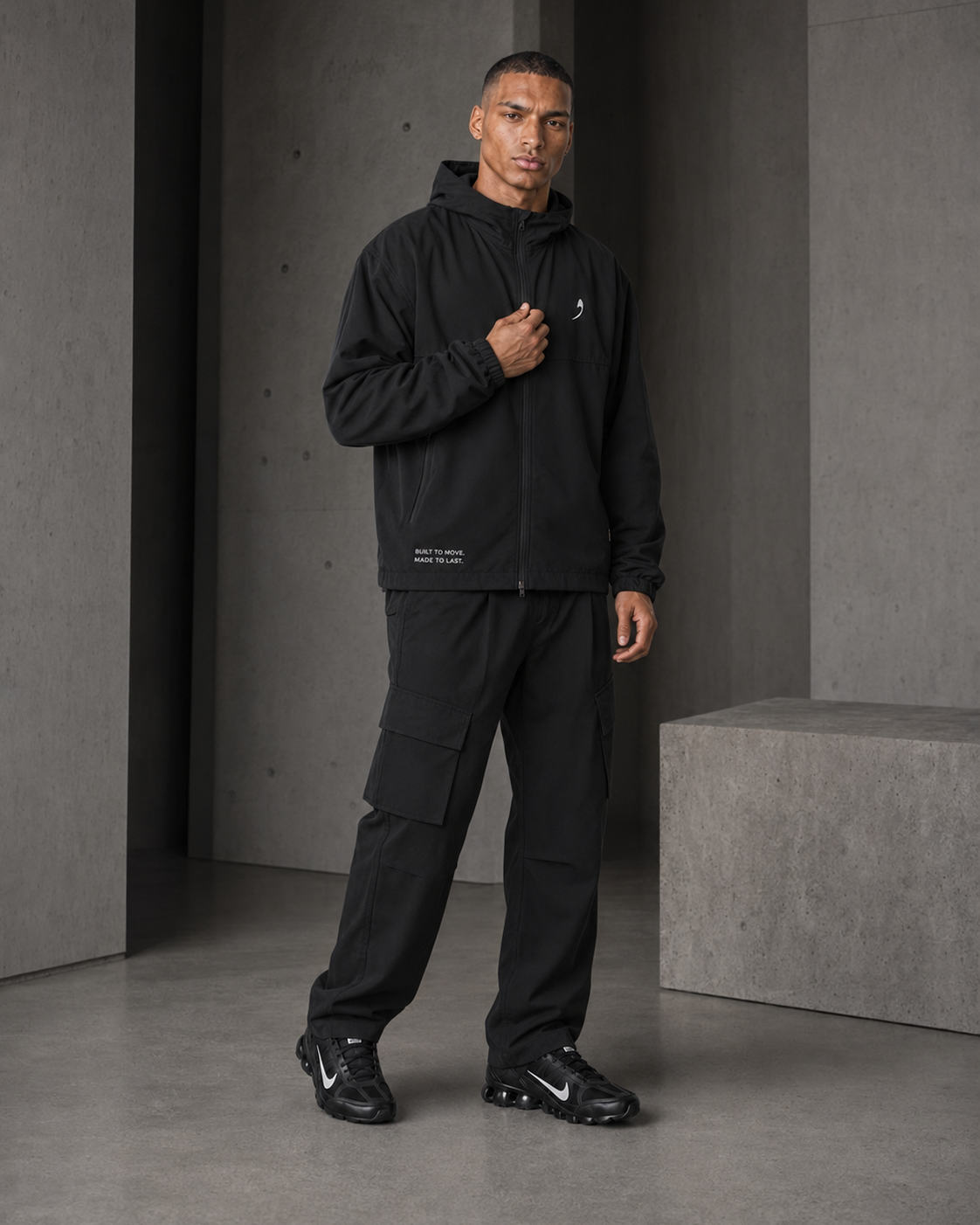 OQOVO Performance Lifestyle Jacket — worn open on the move, full look